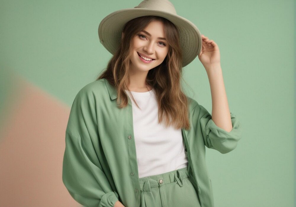 australian girl wearing trendy pantone green color clothes round hat