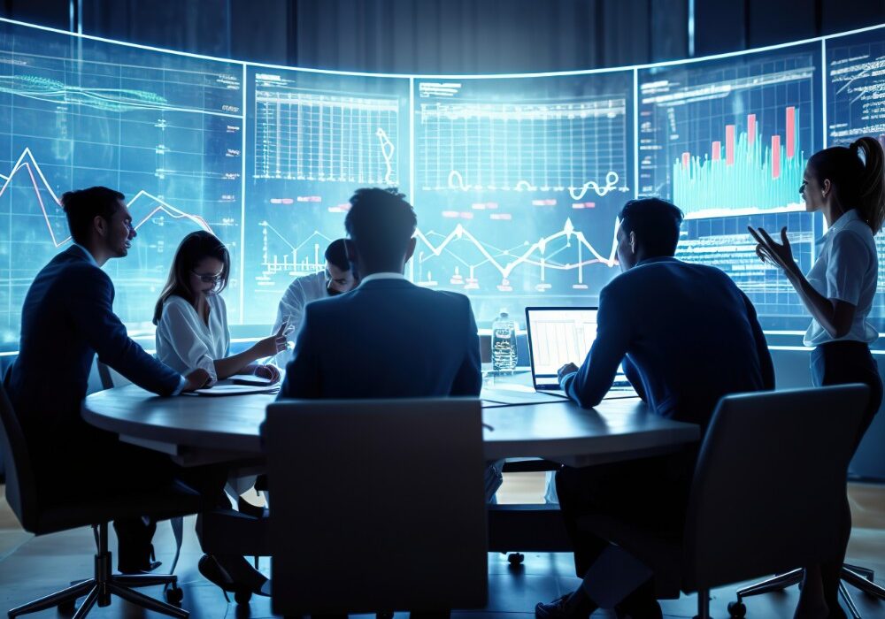 business team collaboration discussing work analysis with financial data marketing growth report