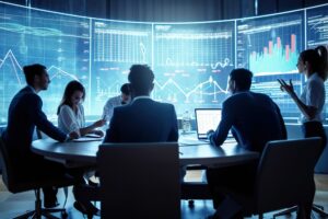 business team collaboration discussing work analysis with financial data marketing growth report