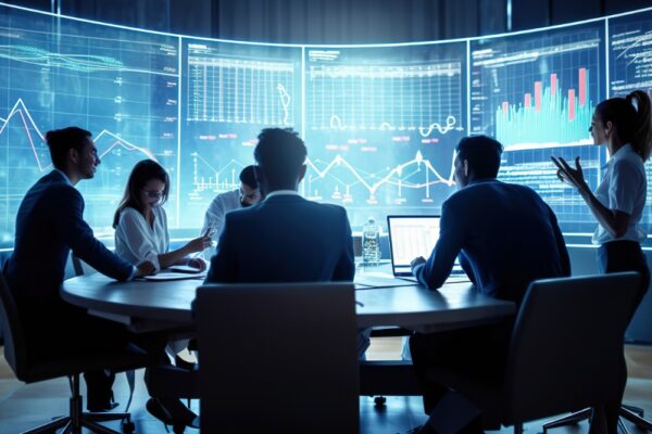 business team collaboration discussing work analysis with financial data marketing growth report