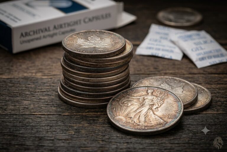 A stack of 1 oz Silver Coins showing natural toning and patina, placed next to airtight capsules and silica gel packets for professional bullion preservation.