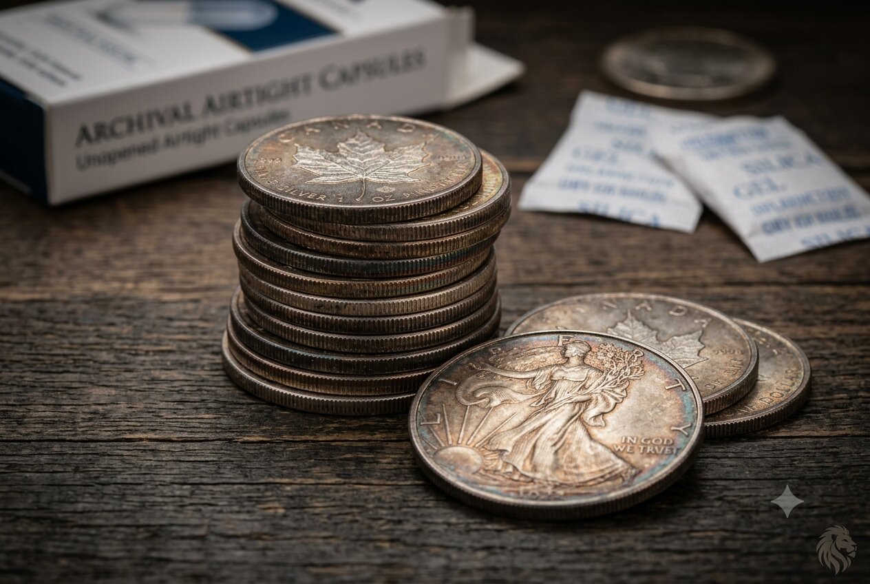 A stack of 1 oz Silver Coins showing natural toning and patina, placed next to airtight capsules and silica gel packets for professional bullion preservation.