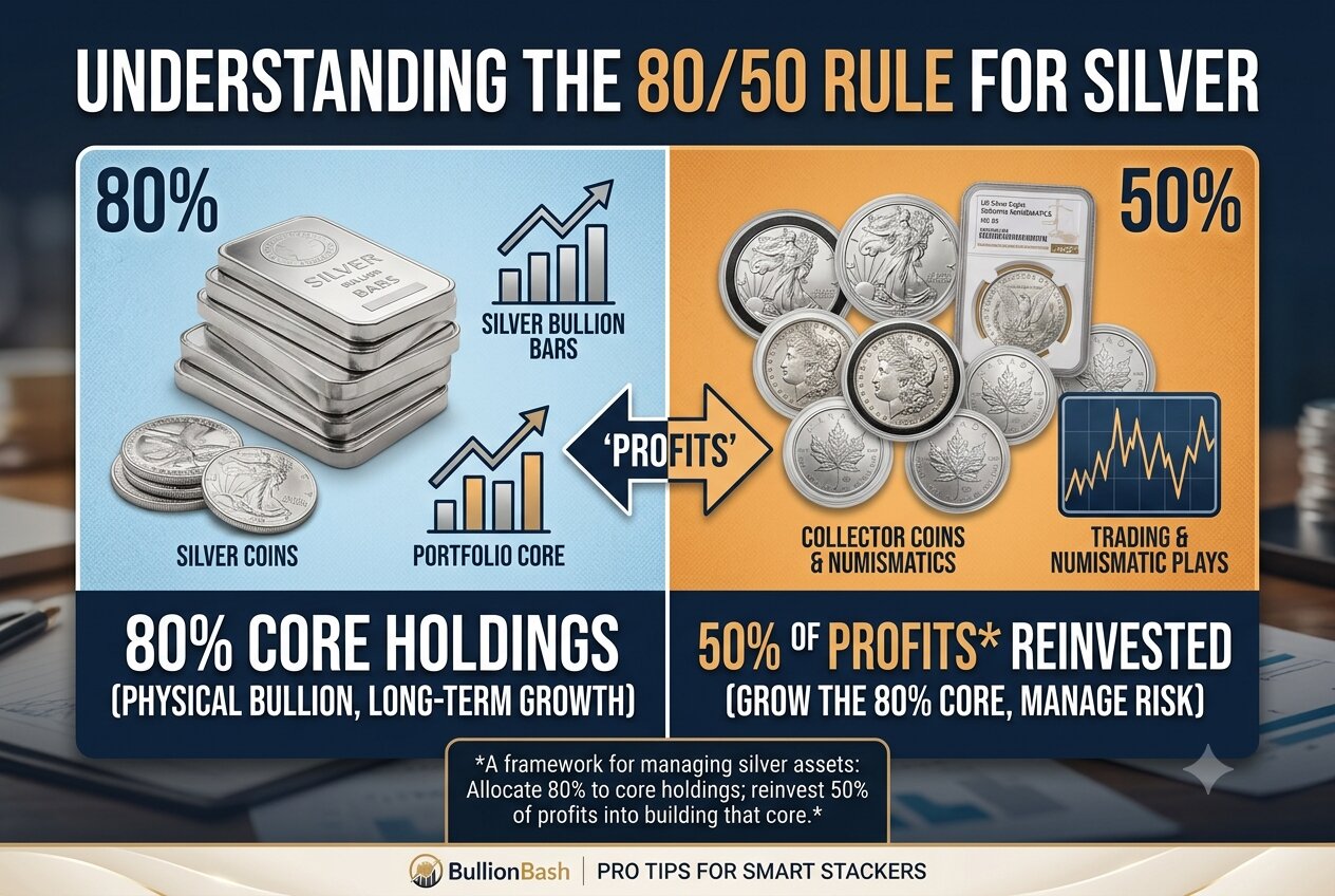 Infographic explaining the 80/50 rule for silver investing, showing 80% core bullion holdings and 50% profit reinvestment strategy.