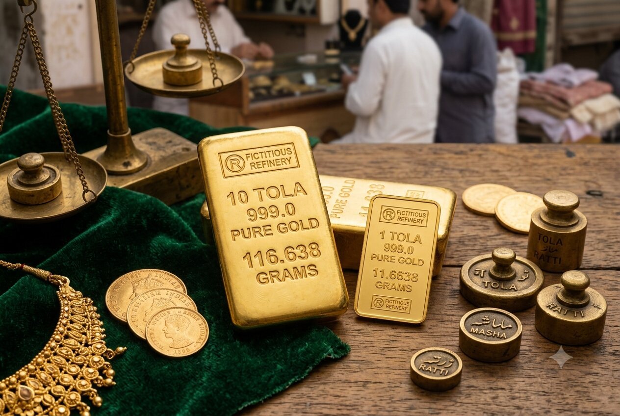 A 10 tola gold bar stamped with 116.638 grams and a 1 tola gold bar next to traditional South Asian brass weights, gold coins, and a bridal necklace.