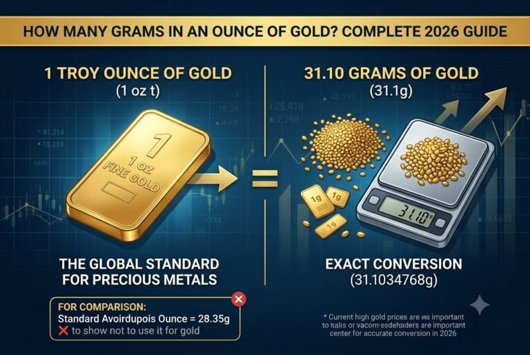 A detailed comparison graphic showing that 1 troy ounce of gold equals 31.10 grams.