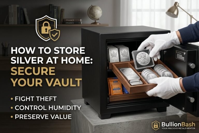 "A secure heavy-duty home safe containing silver bars, silver coins in protective acrylic capsules, and silica gel packs for humidity control."