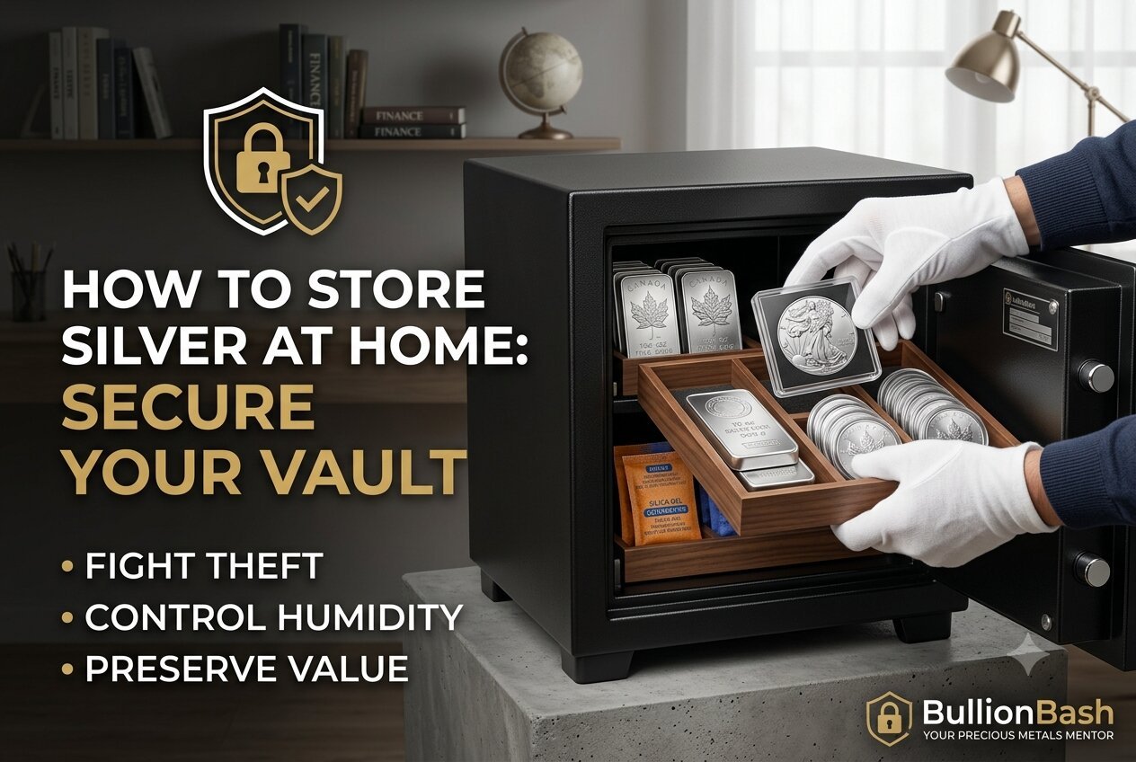 "A secure heavy-duty home safe containing silver bars, silver coins in protective acrylic capsules, and silica gel packs for humidity control."