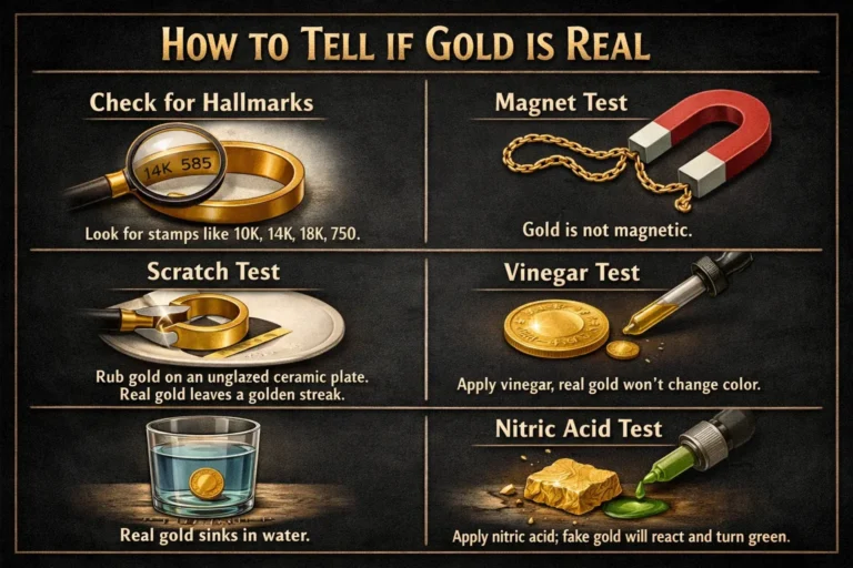 Professional graphic showing gold bullion coins and a gold bar alongside DIY gold testing tools like a magnet, digital scale, white plate, and vinegar, with the title 'How to Test Fake Gold at Home' clearly visible.