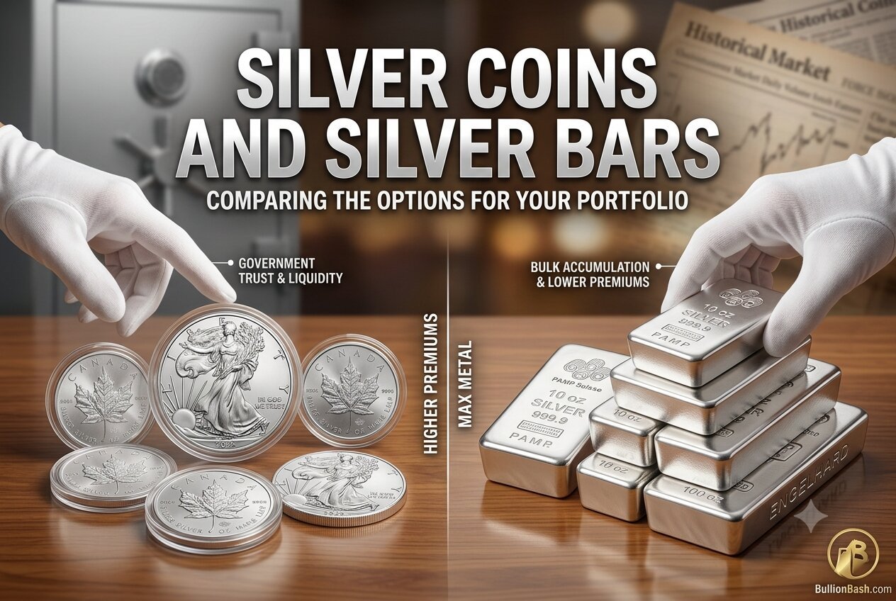 Comparing sovereign silver coins in capsules vs stacked silver bullion bars on a safe desk, illustrating the difference between trust and value.