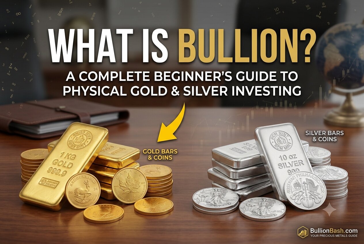 "High-quality gold and silver bullion bars and coins displayed on a wooden desk, representing physical precious metals investment." what is bullion