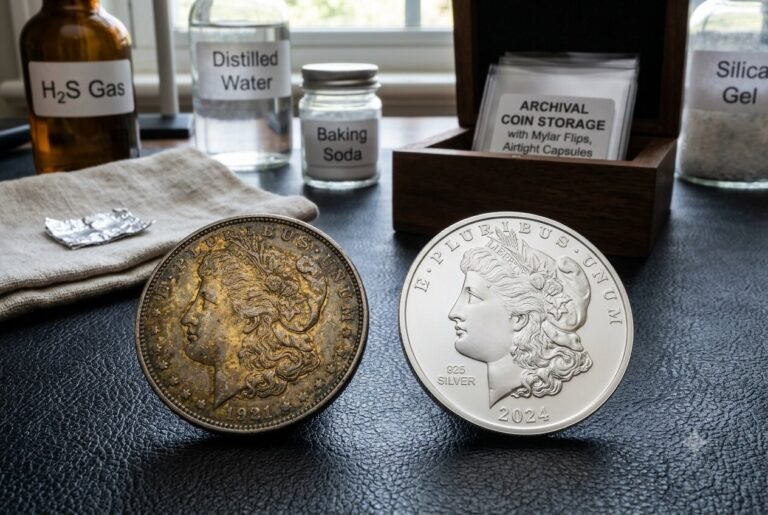 Side-by-side comparison of a heavily tarnished vintage 1921 silver coin with golden-brown patina and a brilliant uncirculated clean silver coin to show why silver coins tarnish.