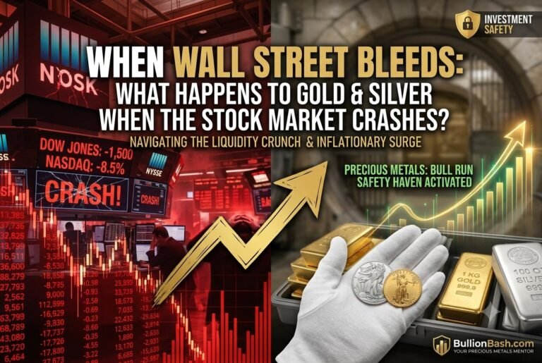 "A cinematic split image illustrating a financial crash: left side shows a collapsing New York Stock Exchange in red; right side shows secure, shining gold and silver bars in a safe vault with upward golden arrows."