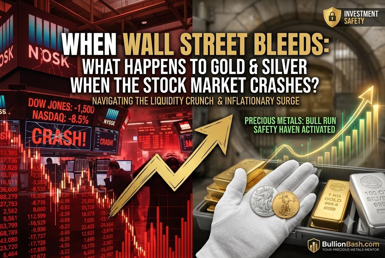 "A cinematic split image illustrating a financial crash: left side shows a collapsing New York Stock Exchange in red; right side shows secure, shining gold and silver bars in a safe vault with upward golden arrows."