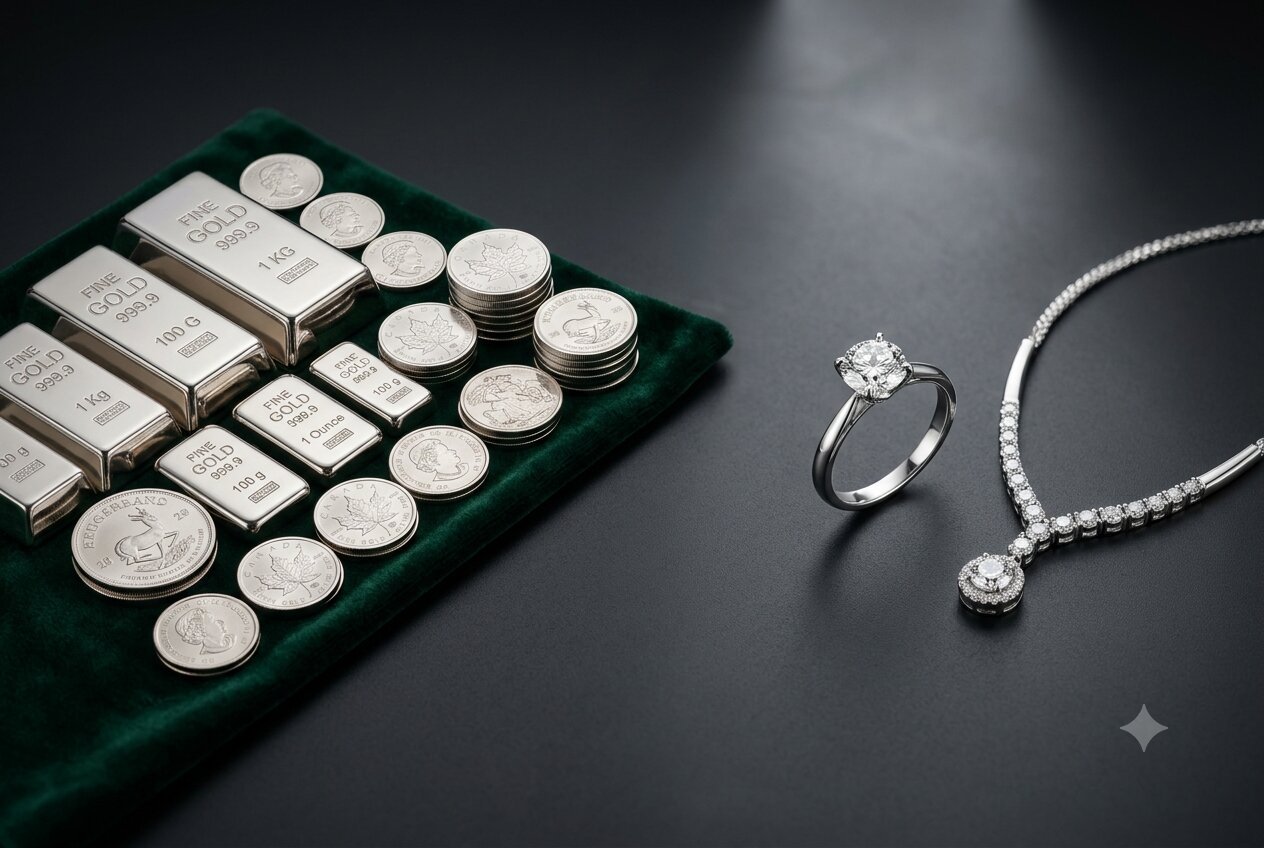 White gold bullion bars coins and diamond jewelry on dark background
