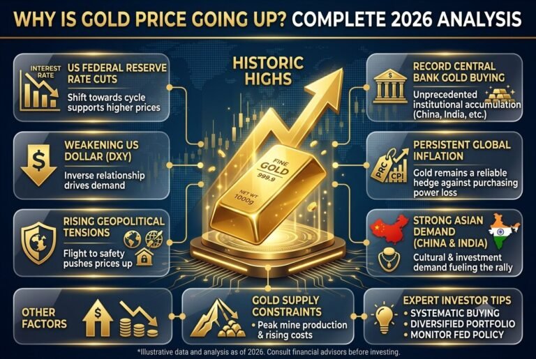 2026 financial infographic chart explaining why gold price is going up with major global economic growth drivers.