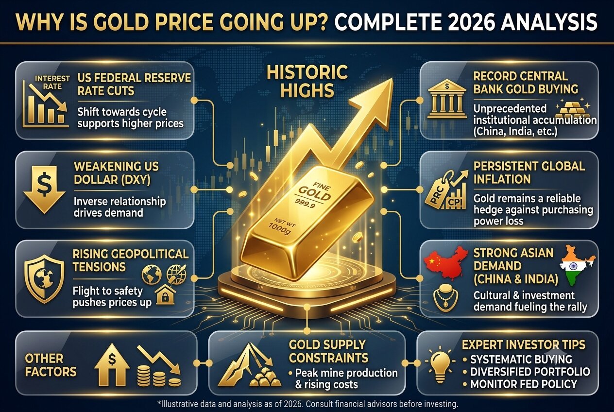 2026 financial infographic chart explaining why gold price is going up with major global economic growth drivers.