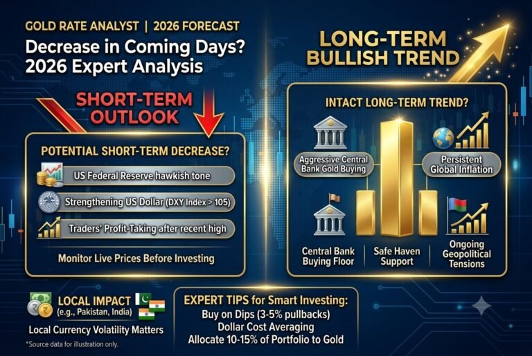 2026 gold rate analysis infographic comparing short-term market corrections with a long-term bullish trend on a dark blue financial chart background.